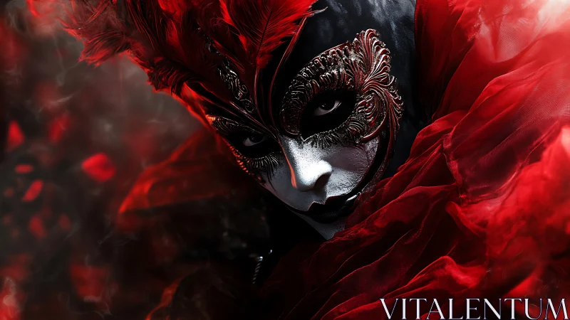 Masked figure emerges from crimson feathers and swirling silk.