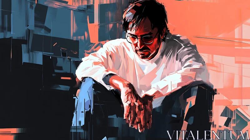 Man in glasses sits leaning forward in angular warm light