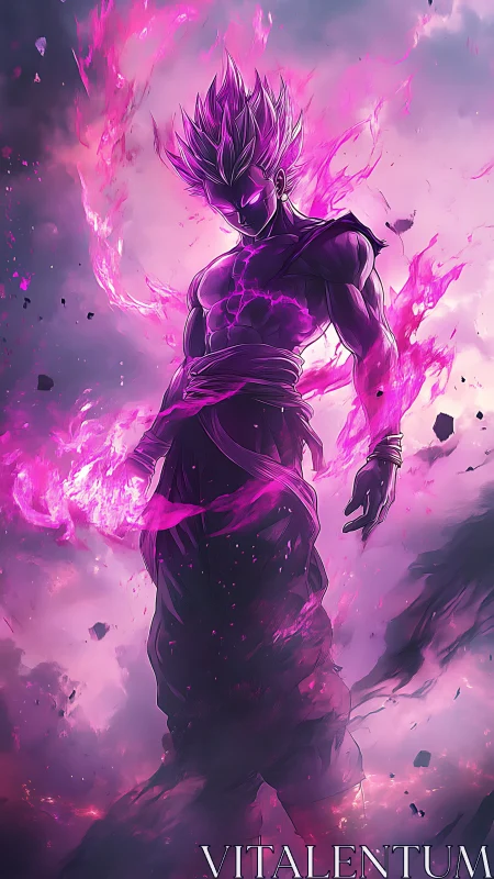Cosmic warrior ignites in violet stormfire ascension.