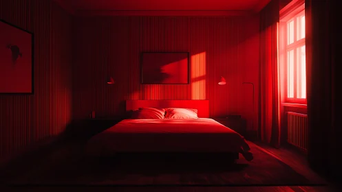 Red monochrome bedroom interior with directional light.