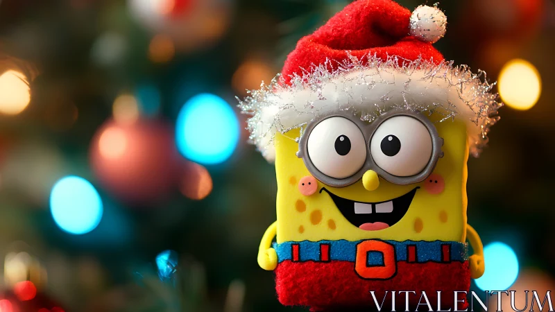 Sparkly-eyed sponge in Santa hat glows amid Christmas bokeh.