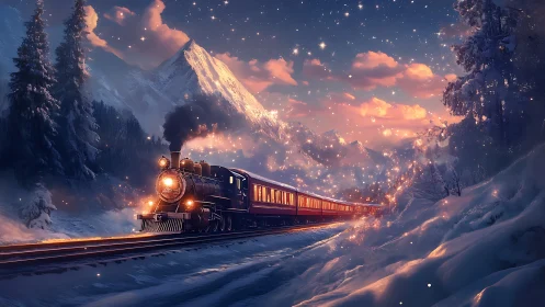 Steam locomotive in luminous winter alpine valley at dusk