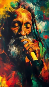 Expressive oil portrait of reggae vocalist with microphone in hand