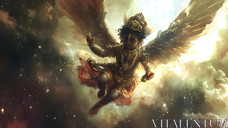 Celestial child soars through molten clouds of mythic dawn.