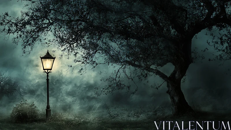 Lonely lamppost whispers pale stories into the haunted mist