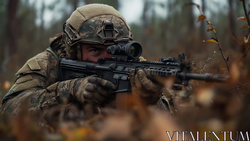 Camouflaged soldier aims rifle through autumn forest undergrowth.