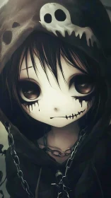 Dark hooded anime girl with skull motif and chains.
