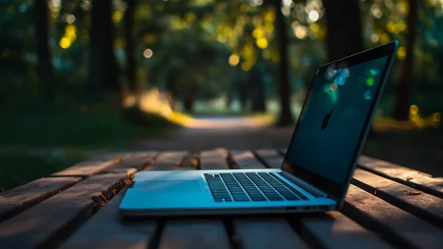 Open laptop rests on wooden bench in sunlit forest path