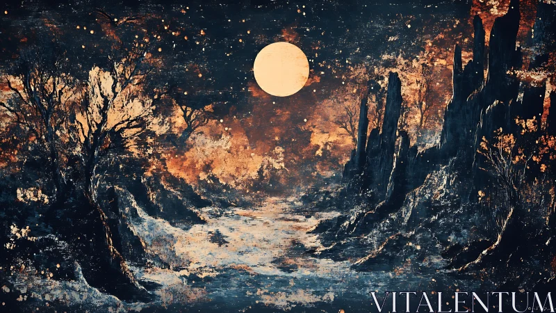 Moonlit river flows between jagged cliffs and sparse trees