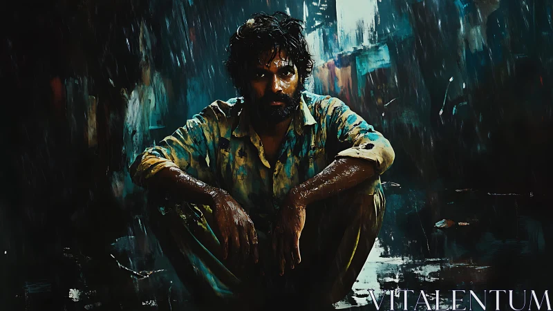 Brooding man in rain-soaked alley, cinematic mood study.