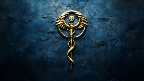 Golden caduceus emblem gleams on textured blue wall.