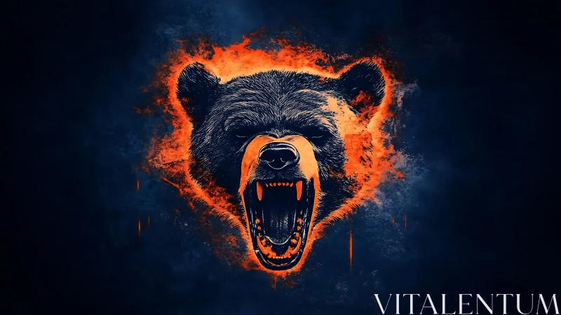 Fiery roaring bear head in dark digital inferno blaze.