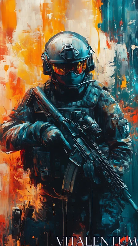 Armored futuristic soldier stands against blazing abstract light