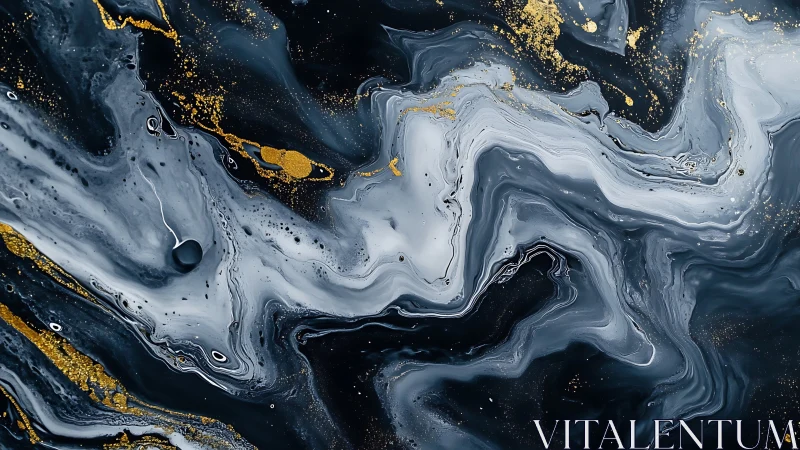 Black, white and gold fluid acrylic paint forms swirling bands