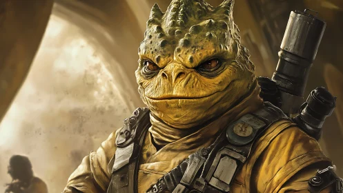 Alien reptilian mercenary stares ahead in worn armor suit.