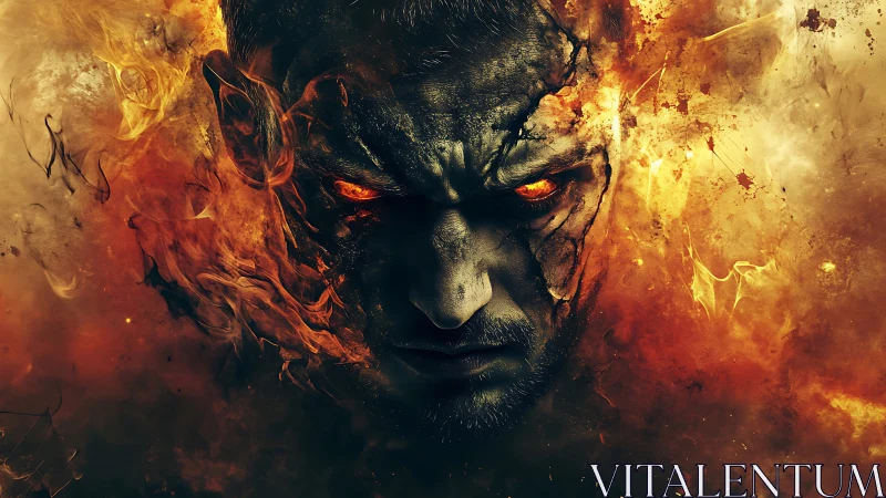 Infernal warrior portrait engulfed in fractured flames.