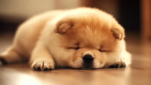 Velvety chow chow pup drifts into golden-floor dreamland.