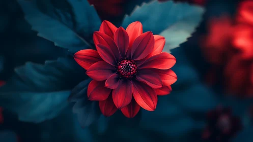 Red dahlia bloom photographed against teal-toned blurred foliage background