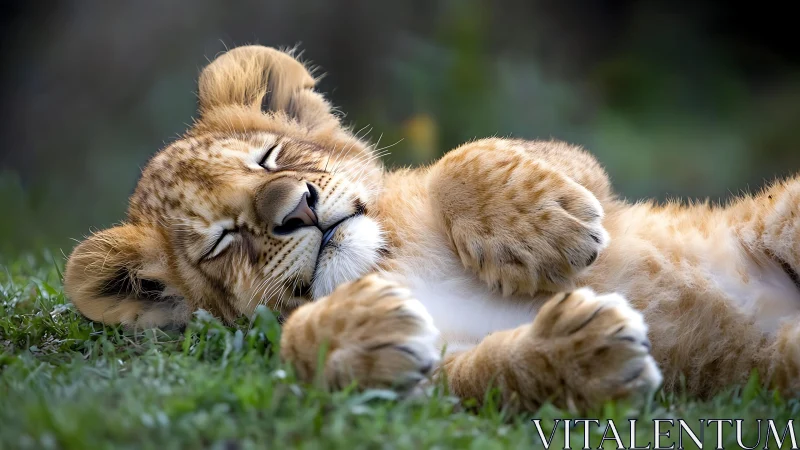 Lion cub lying on grass surface in resting position.