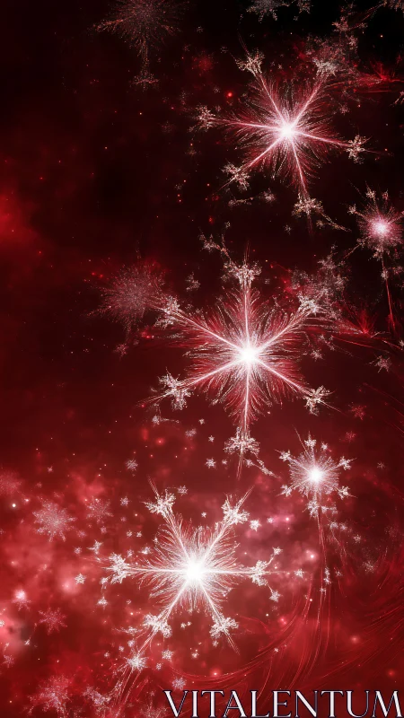 Crystalline white fractal starbursts glimmer on scarlet field.