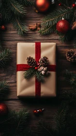 Wrapped Christmas gift on rustic wooden table top.