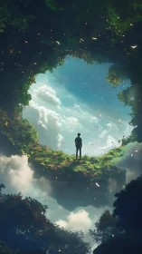 Solitary dreamer stands on floating island beneath sky portal.
