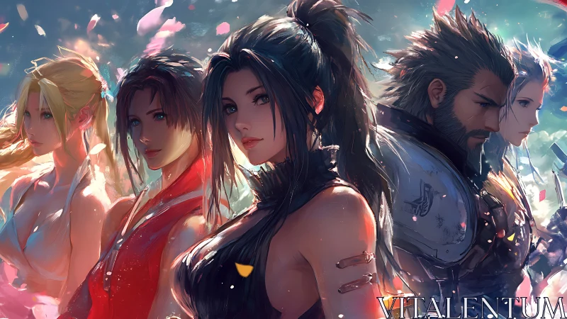 Heroic fantasy warriors stand united under drifting petals