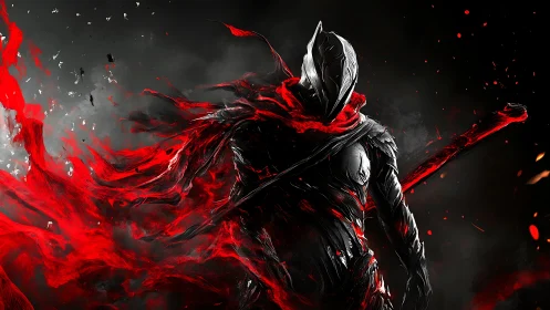 Armored figure stands in swirling red and black energy