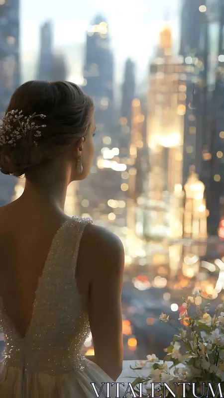 Bride overlooks luminous city skyline at twilight window