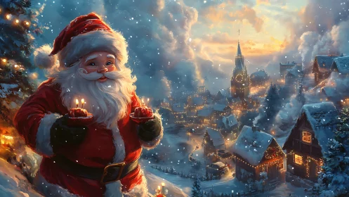 Snowlit Santa offering cupcakes above festive village at dusk.