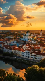 Historic riverside cityscape under structured sunset sky.