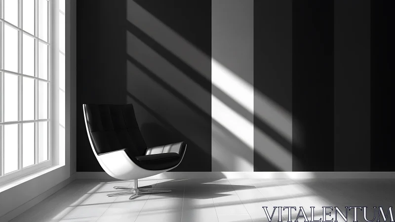 Modern lounge chair basks in striped monochrome light.