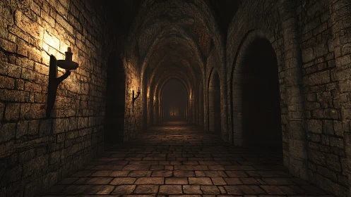 Torchlit stone corridor inviting quiet, mysterious wandering.