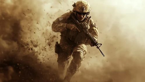 Soldier running through dense battlefield dust cloud.