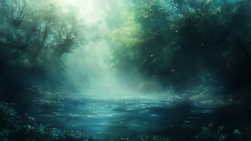 Moonlit mist river where emerald forest hushes dreams.