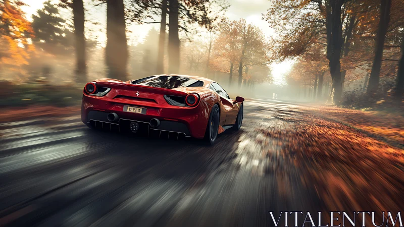 Red sports coupe travels along wet forest road in autumn