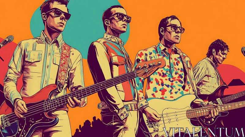 Four electric bass guitarists stand on stylized concert stage