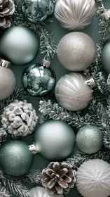 Icy teal ornaments nestled among frosted winter pinecones.