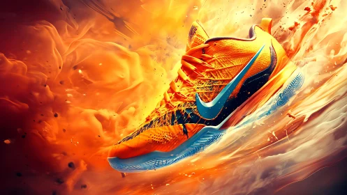 Orange athletic shoe in dynamic abstract motion scene.