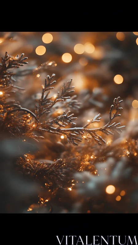 Snow-dusted fir branches glow against warm defocused lights