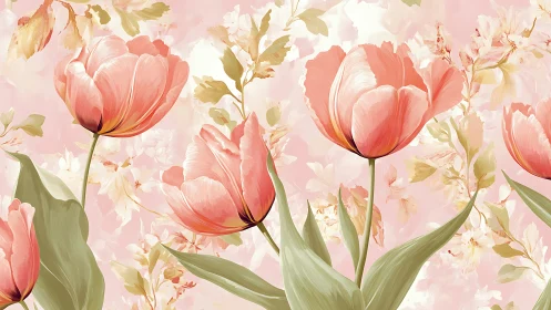 Coral Tulips with Botanical Composition Against Soft Pink Background.