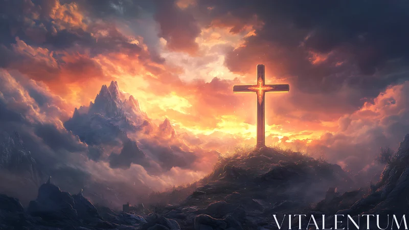 Radiant mountain cross glowing in a dramatic sunset sky.