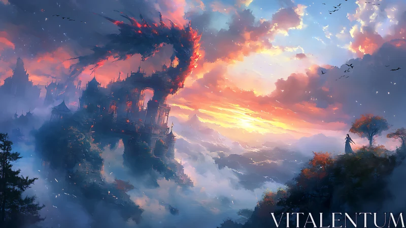 Fiery dragon guards a misty sky castle at blazing dawn