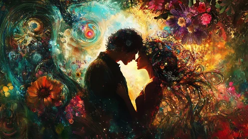 Silhouetted figures merged with layered floral and geometric visual elements