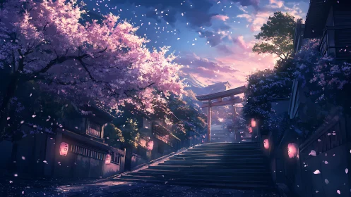 Twilight shrine steps under drifting cherry blossoms.