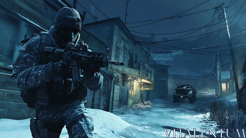 Tactical soldier advances through snowbound night street.