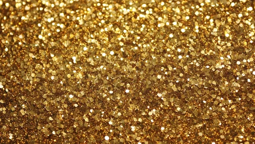 Macro close-up of reflective golden glitter bokeh surface