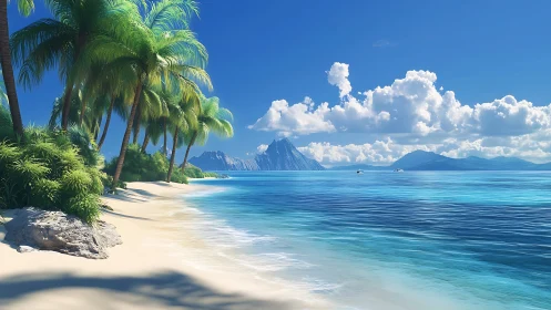 Tropical Beach Paradise with Dramatic Peaks and Palm Shore.