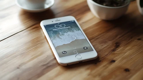 White iPhone displayed on wooden surface with home screen visible.