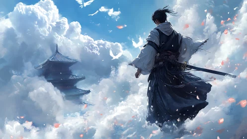 Samurai figure above clouds near distant tiered pagoda.